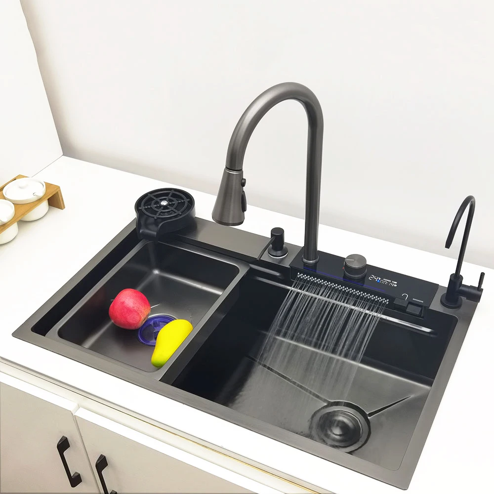 Waterfall Kitchen Sink 304 Stainless Steel Sink Large Single basin With Multifunction LED Waterfall Faucet Above Counter 3