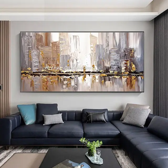 Arthyx, peinture à l'huile sur toile de paysage de ville abstraite de bâtiment doré fait à la main, grande image d'art mural pour la décoration de la maison du salon 2
