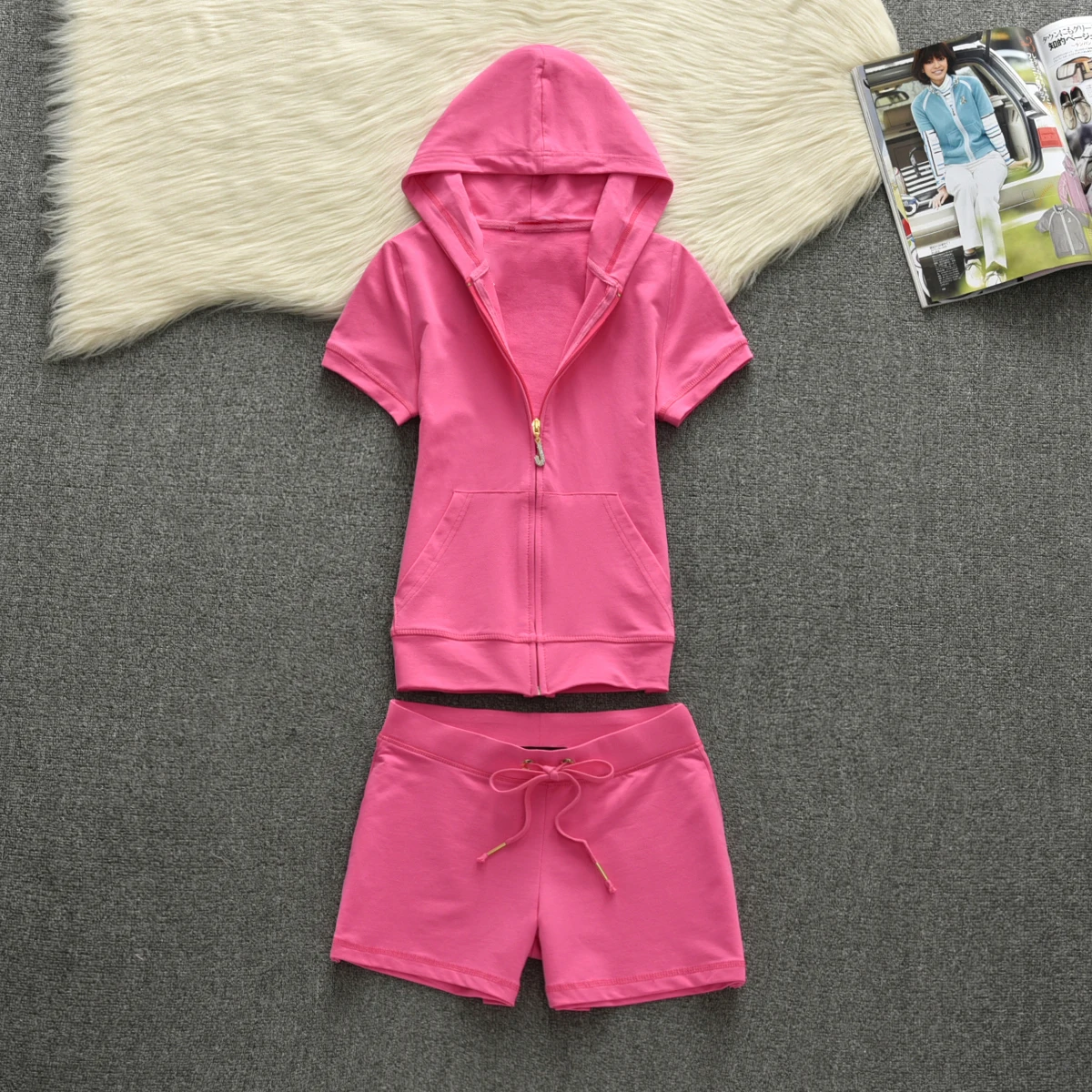 Y2K tracksuit Set Woman 2 Pieces Summer Solid Zip Hooded Jacket Casual Top And Shorts Female Clothing Tracksuit Outfits