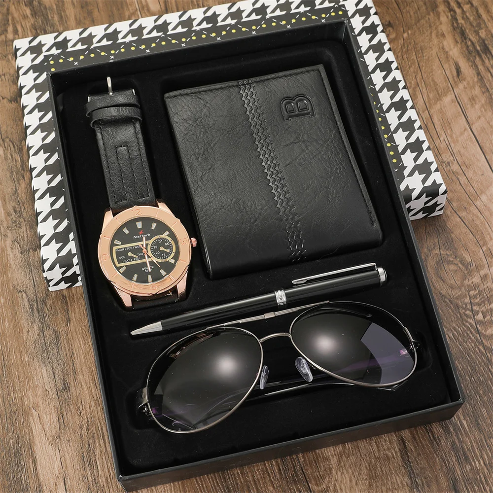 

New Fashion 4pcs/set Men Gift Set with Box Men's Leather Quartz Wrist Watch Wallet Ballpoint Pen Sunglasses Birthday Gift Set