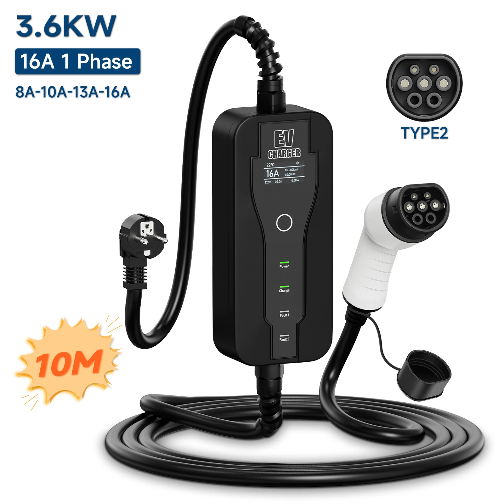 AFYEEV 3.6KW 16A Portable EV Charger Type2 IEC62196-2 EVSE Charging Cable  Type1 SAE J1772 EU Plug Wallbox for Electric Car