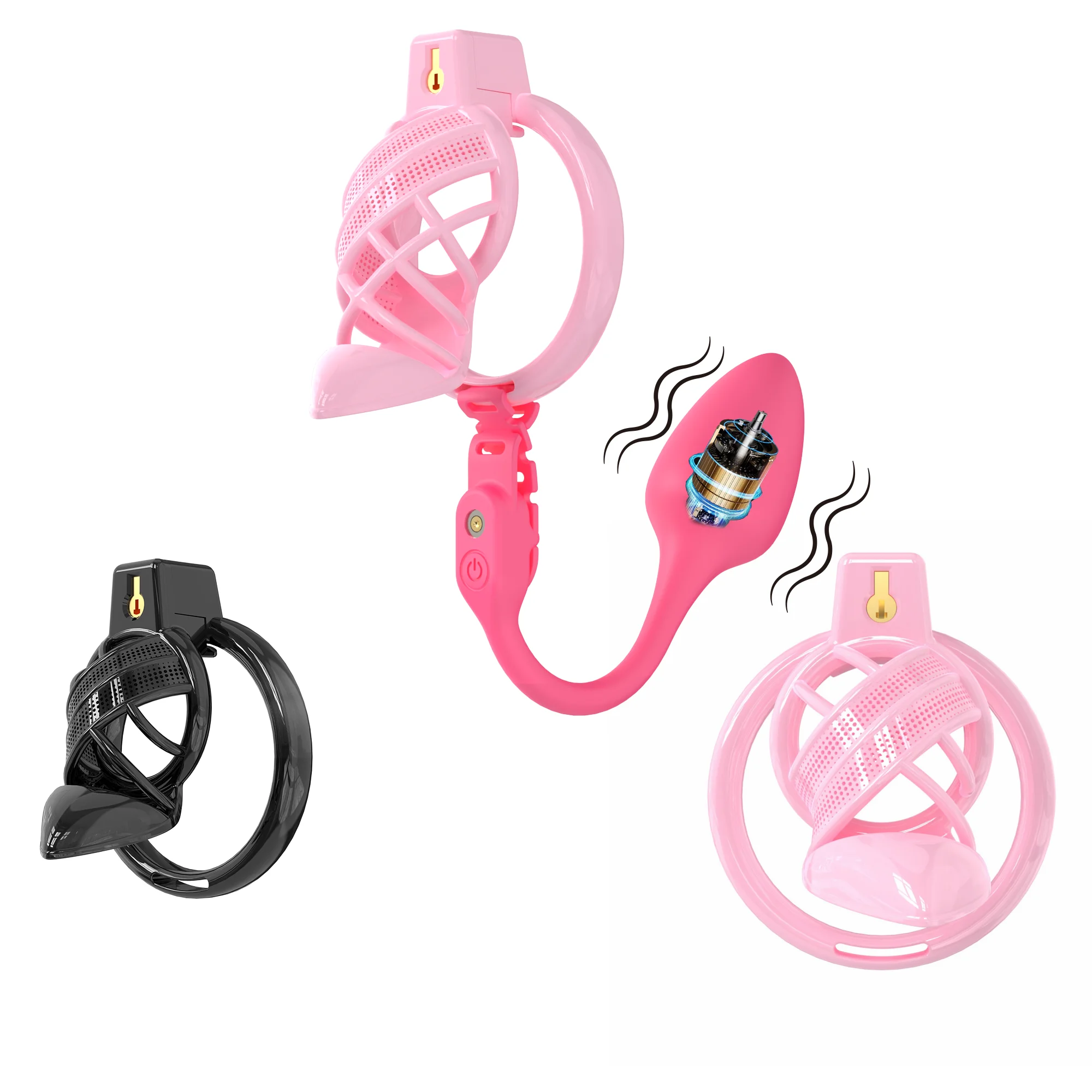 Male High Heels Chastity Cage Sissy Hollow Pseudo Penis Lock CB Lock with Vibrating Anal Plug Vestibular Stimulation Sex Toy Gay