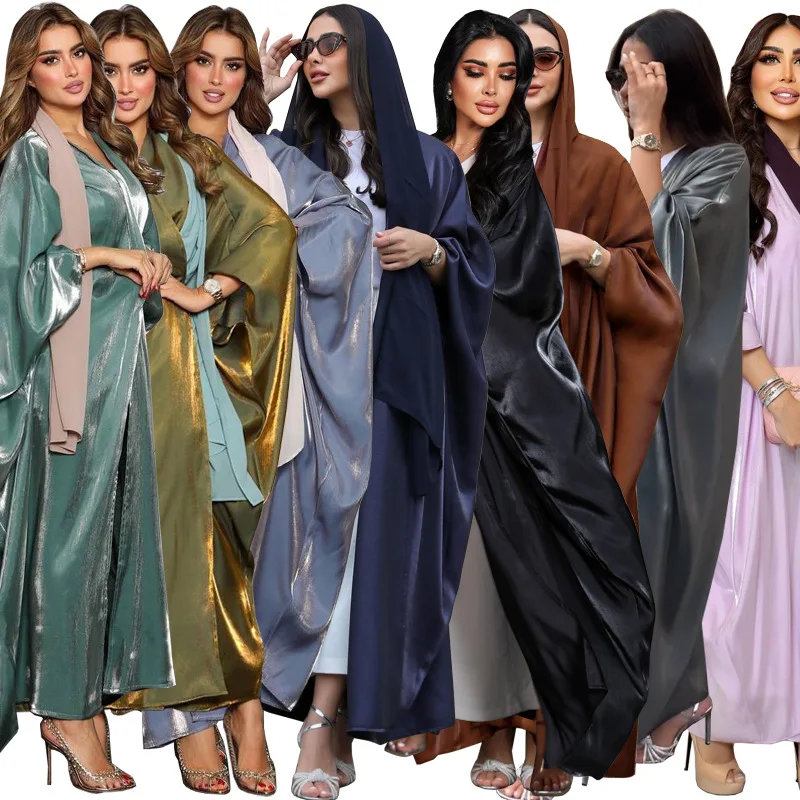 Middle East Modern Muslim Fashion Bright Silk Satin Solid Color Bat Sleeve Robe European and American Large Women's Clothing