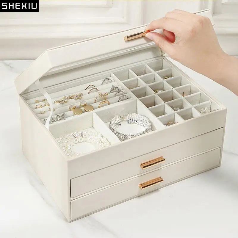 

European Drawer Type Makeup Box Dressing Table Magnetic Switch Separate Grid Storage Box Jewelry Organizer Necklace Hanging Rack