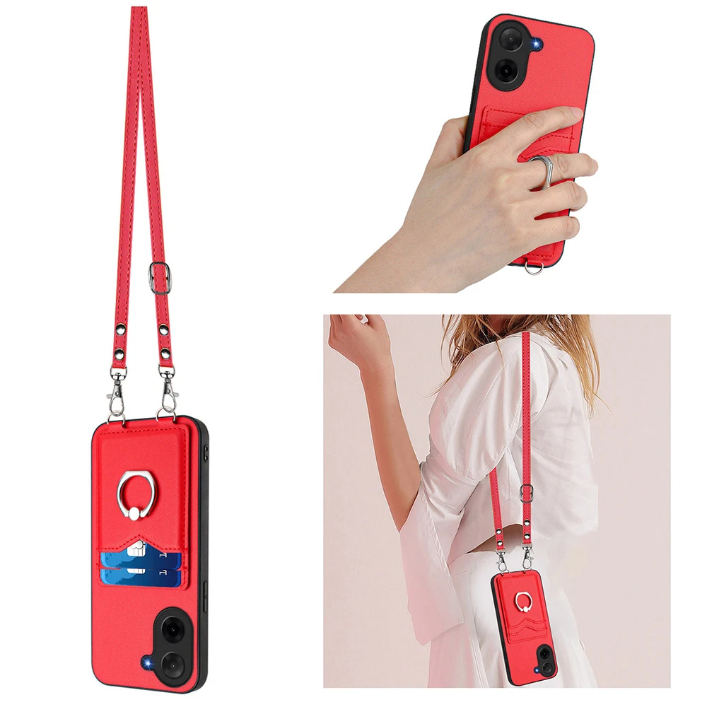 Crossbody Strap Leather Ring Holder Phone Case