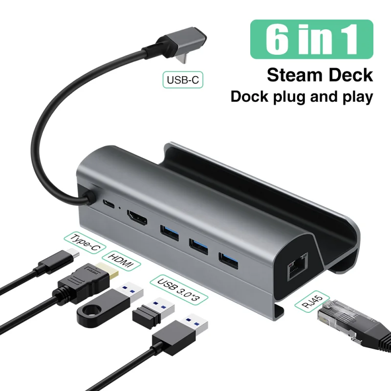 

6 in 1 USB C Hub Docking Station Compatible with Steam Deck Dock USB Hub for Steam Deck with HDMI 4K 60Hz Gigabit Ethernet USB