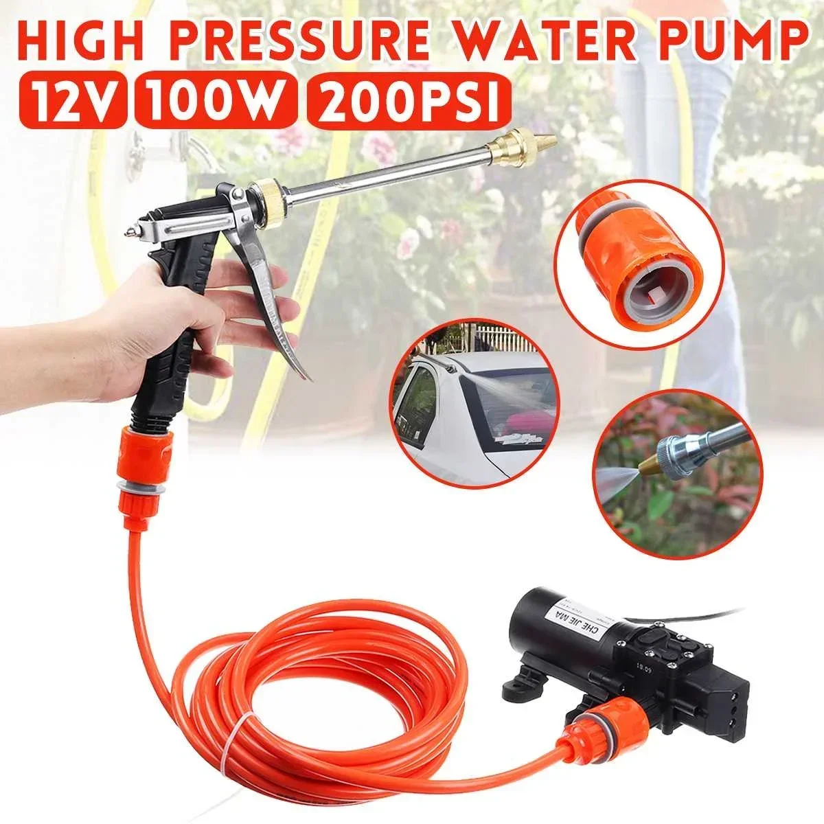 

100W 12V 200PSI High Pressure Car Electric Wash Pump Sprayer Kit Auto Washer Sprayer Cleaning Machine Set with Car Charger