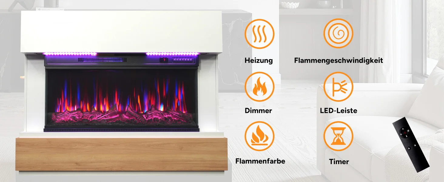 HOMAVO 36" Elektrokamin mit Schrank, 1000/2000W Elektrokamin mit Heizung, 3D-Flammeneffekt, LED-Leiste, Fernbedienung – Detail 6