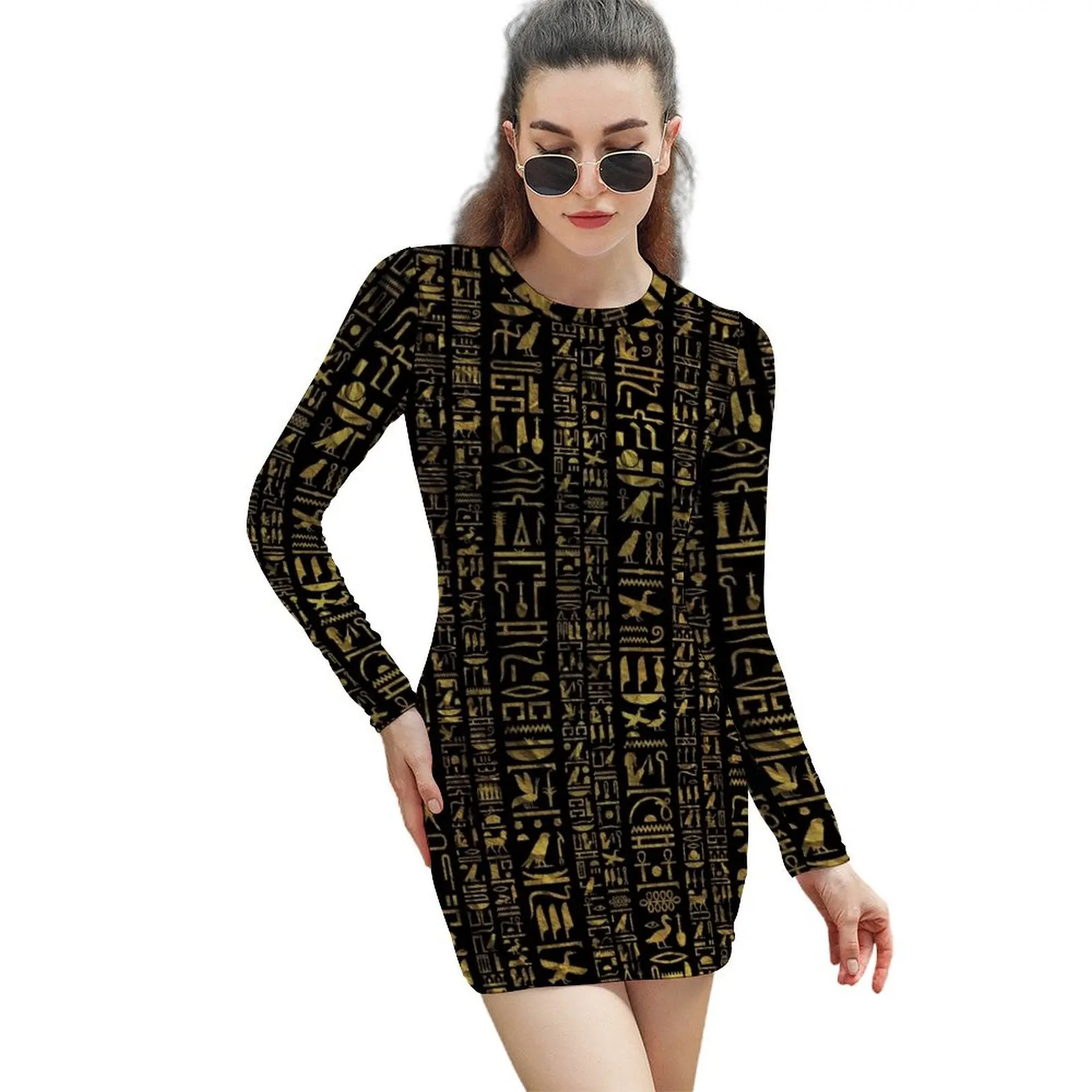 

Egyptian hieroglyphs vintage gld on black Long-Sleeved Sheath Dress clothes clothes for women women dress