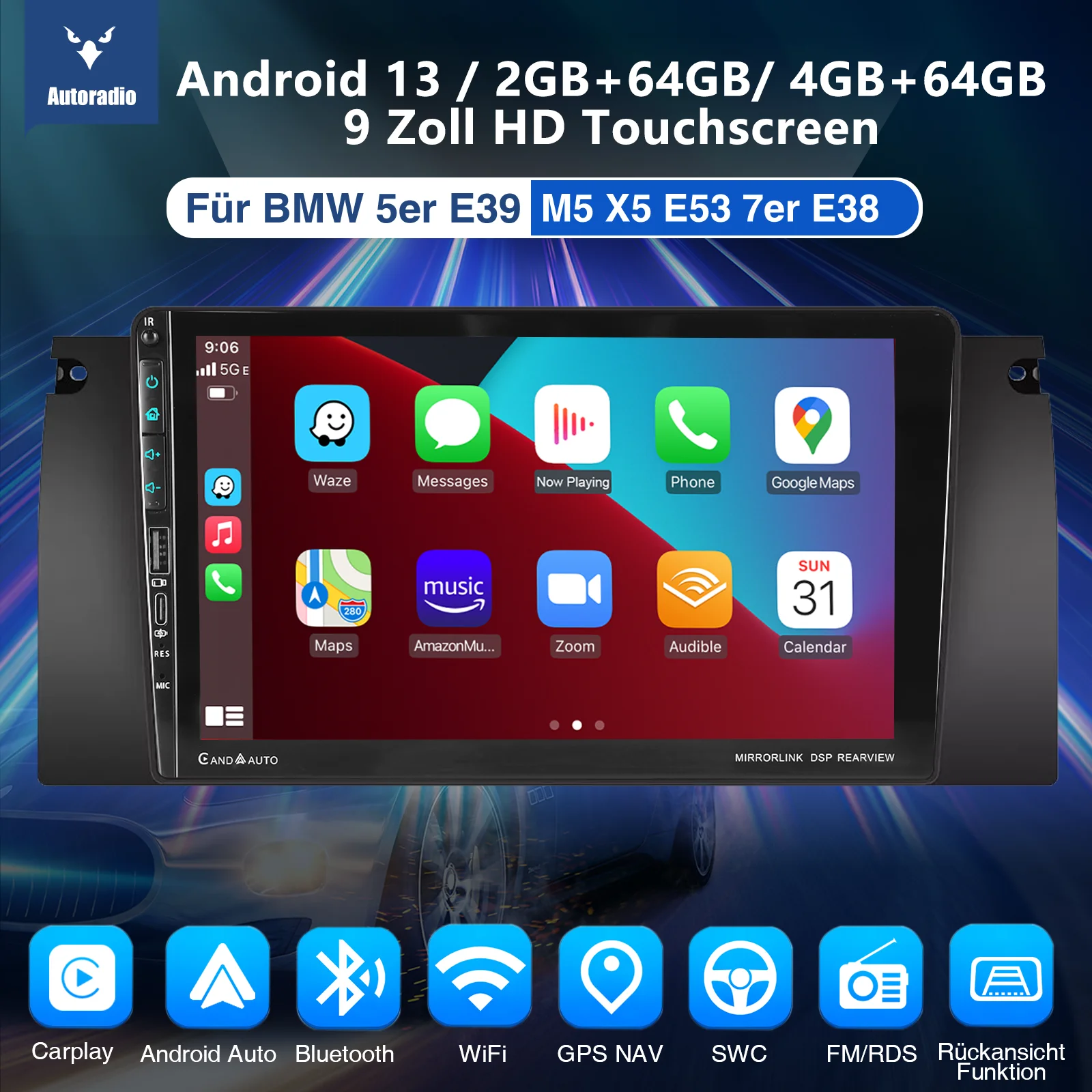 ESSGOO Android 13 4+64G Kabelloses Carplay Android Auto Autoradio für BMW 5er E39 X5 E53 7er E38 9" Display GPS NAVI RDS BT WiFi Mirror Link mit USB Dual Type-C Multimedia Videoplayer – Detail 1