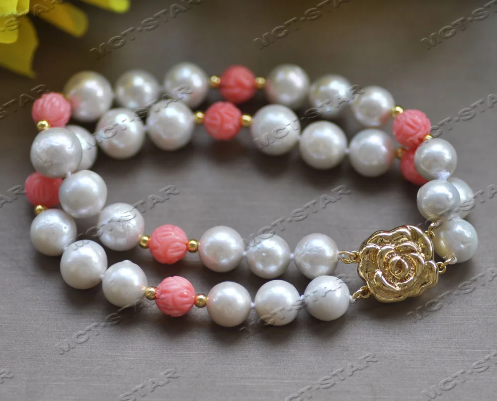 

Z12604 2Row 8" White Round KESHI Edison Pearl Pink Coral Dragon ball Bracelet