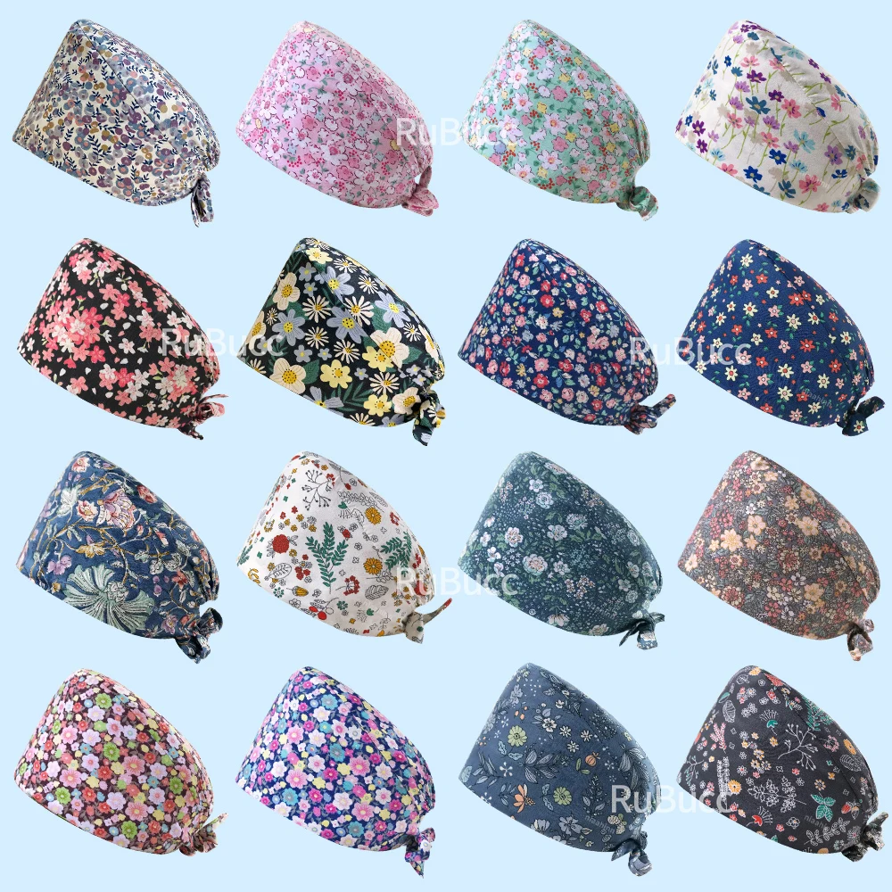

Flower Print Medical Caps Operating Room Scrubs Hat Hospital Surgical Cap for Men and Women with Sweatband Cotton Pet Doctor Hat
