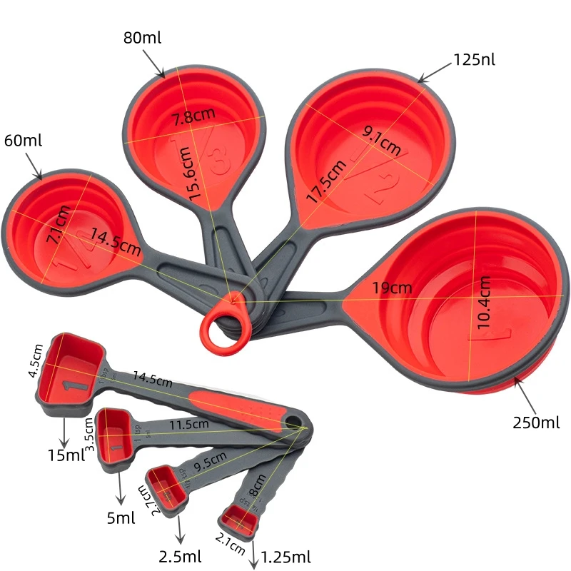 4/8Pcs Silicone Measuring Cup Measuring Spoon Collapsible Baking