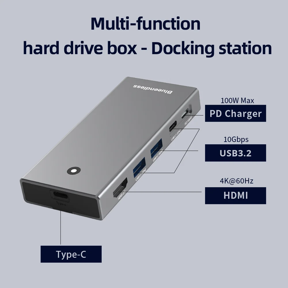 SSD Enclosure Blueendless m2 sata or m.2 NVMe With USB C hub Laptop Docking Station 4K 60Hz HDMI-Com USB3.2 100W PD SDTF 10Gbps