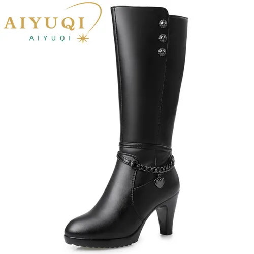 AIYUQI-하이힐 천연 가죽 오토바이 부츠 여성용, 두꺼운 양모, 따뜻한 겨울 부츠, 라이딩 부츠, 겨울 3