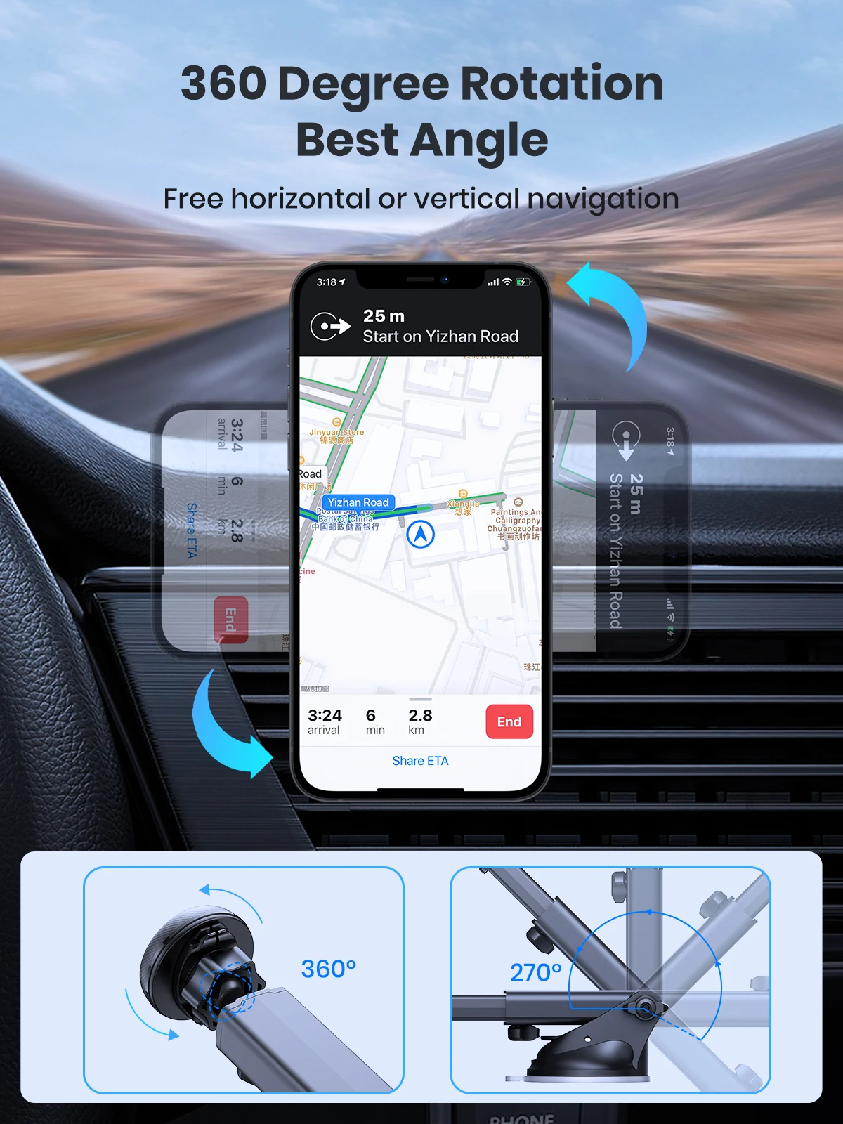 Magnetic Car Phone Mount; N52 Strong Magnet Dashboard Windshield Suction Cup Car