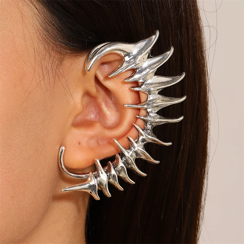 Exaggerated Spiny Dragon Bone Left Ear Clip Earrings for Women Punk Gold and Silver Color Earrings without Pin Accessories