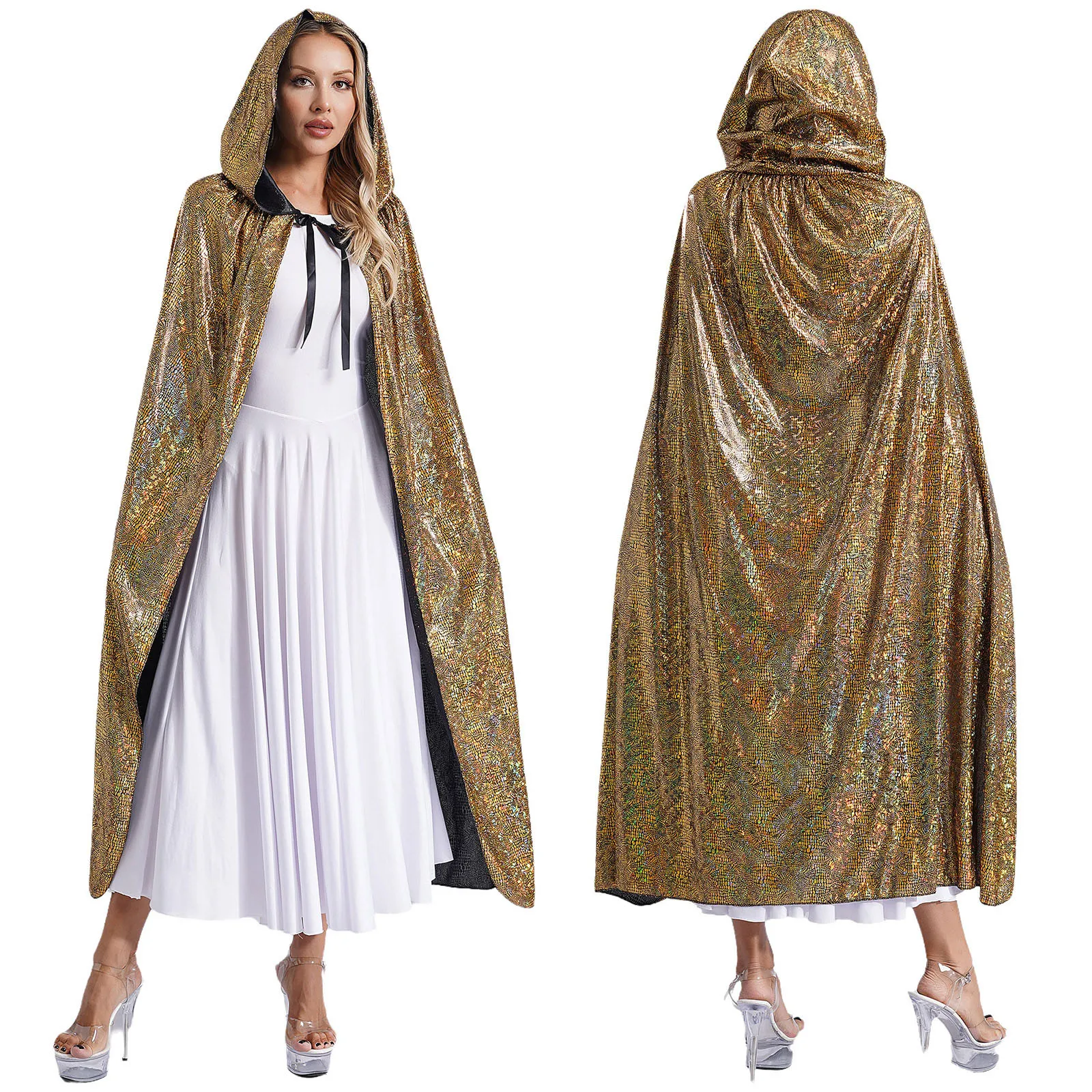 thumbnail image 1 of Capa con capucha brillante para mujer, capa larga, mago, bruja, mago, disfraz de vampiro, disfraz de Mardi Gras, Navidad y Halloween, 1 of 5