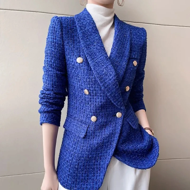 

High-End Office Lady Blue Tweed Blazers Fashion V-Neck Double Breasted Slim Suit Jacket Women Design Temperament Outerwear