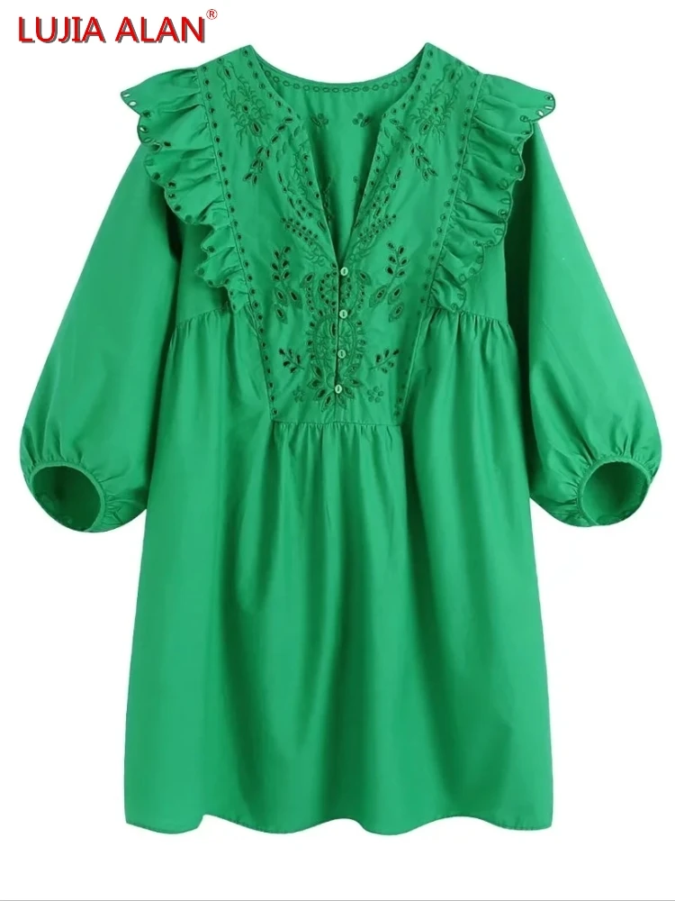 

New Women Hollow Embroidery Cascading Ruffle Dress Female V-Neck Lantern Sleeve Mini Vestidos LUJIA ALAN D9681