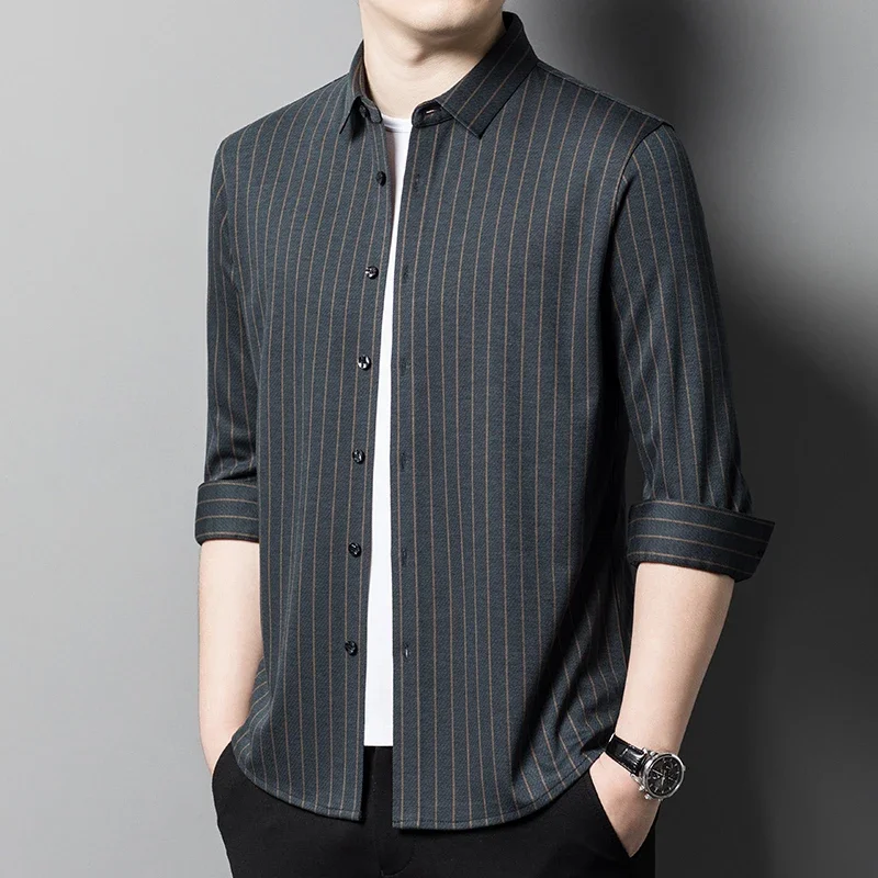 Seamless Wool Spring Autumn Men's Dress Shirts Luxury Striped Long Sleeve Business Casual Single Breasted Male Shirts 4XL