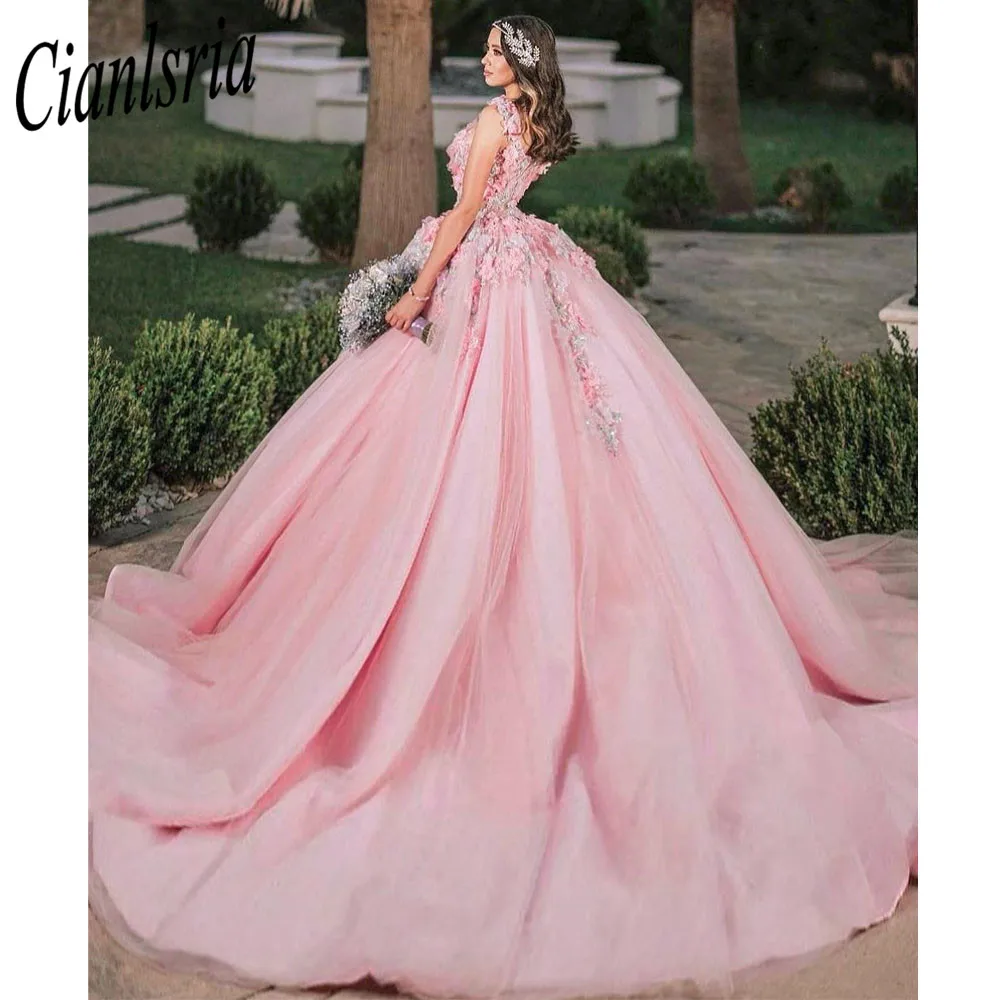 

2023 Pink Floral Appliques Lace Ball Gown Quinceanera Dresses Off The Shoulder 3D Flowers Beading Corset Sweet 15 Girls Party