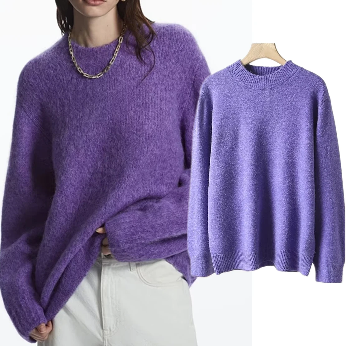 

Dave&Di Fashion Wool Round Neck Knitwear Casual Sweaters Tops Loose Simple Sweaters Women Pullovers