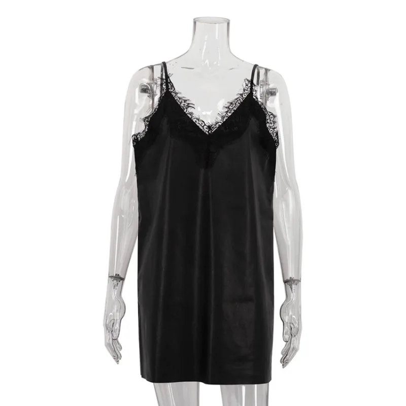Trendix Women's PU Lace Slip Dress 2025 New Solid Sexy V Neck Loose Leather  Dresses Party Club Off Shoulder Backless Dress Women - AliExpress 200000345