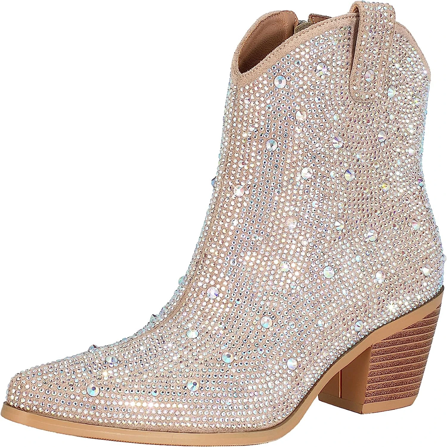 

Women Rhinestones Short Boots Bling Crystal Middle Heel Western Cowboy Boots Handmade Pointed High Heels Designer Party Shoes