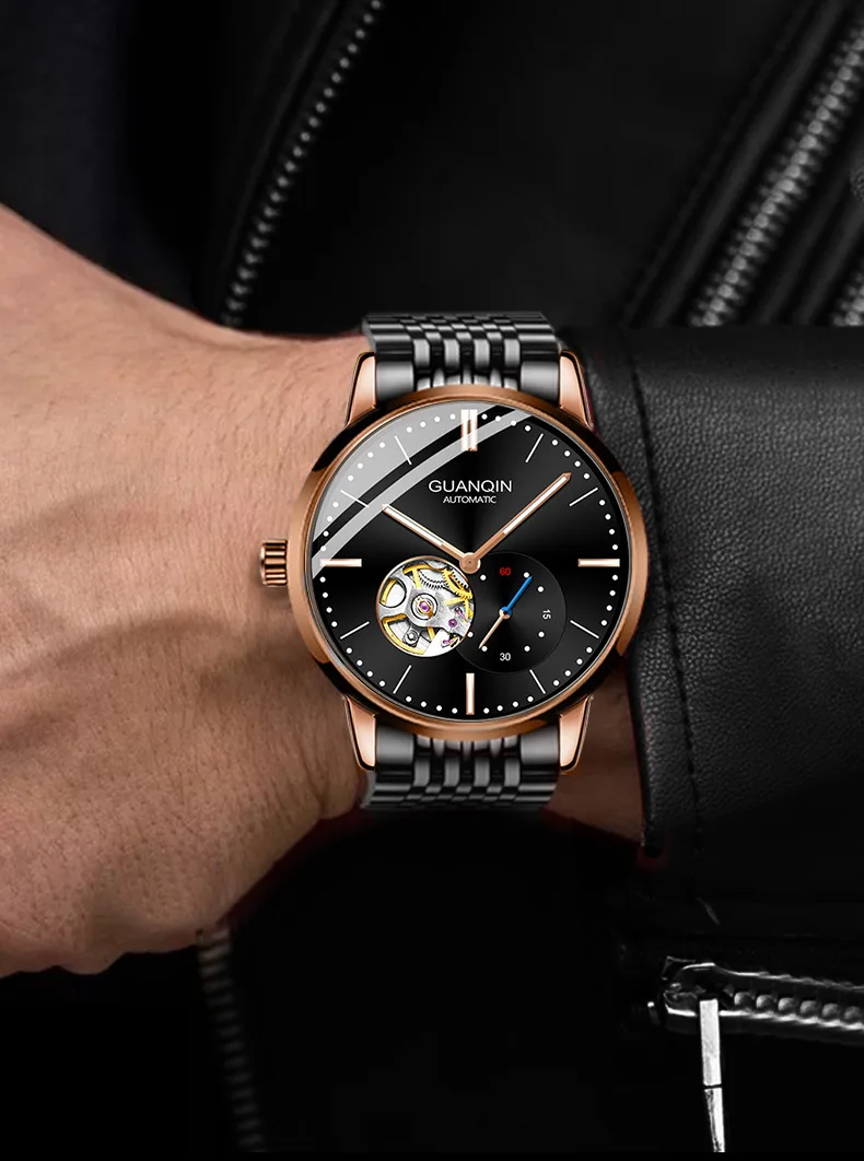 Orologio da polso da uomo GUANQIN con scheletro automatico, meccanico, a carica automatica, in acciaio inossidabile, luminoso, stile vintage, con zaffiro e impermeabile_voghion.com