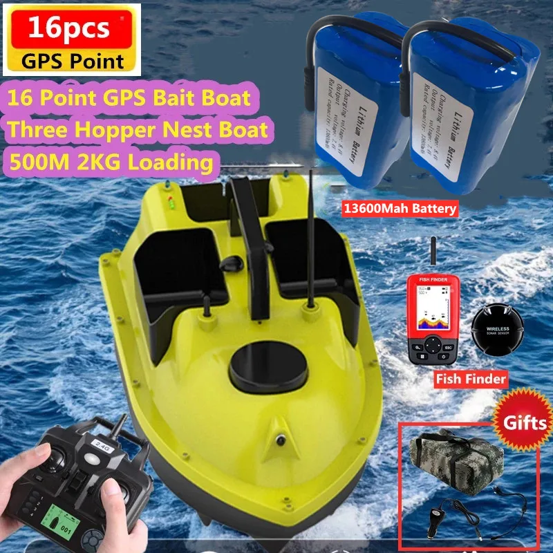 16 Point GPS Bait Boat 3 Hoppers 500M 2KG Load GPS Auto Feed Return Fishing  Bait Boat With Fish Finder RC Fishing Finder Boat To