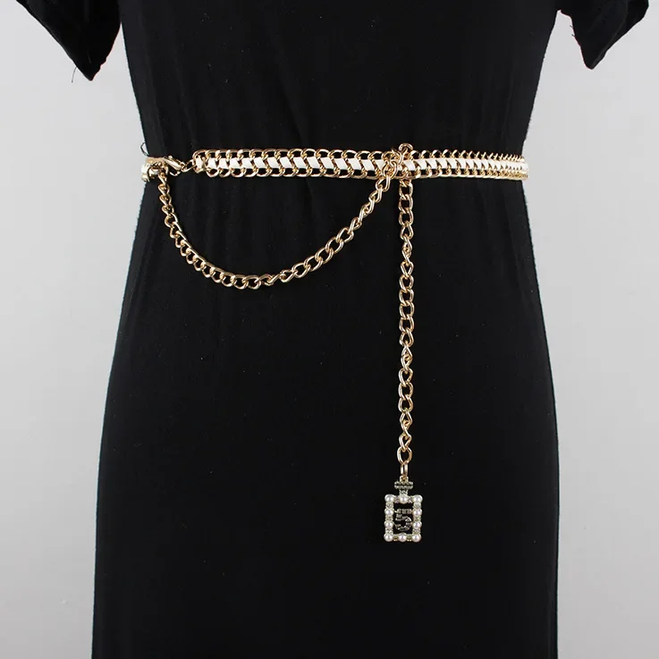 Song QiyA black chain belt for women decorative accessory for the waist with dresses and pants trendy Chaintweed style
