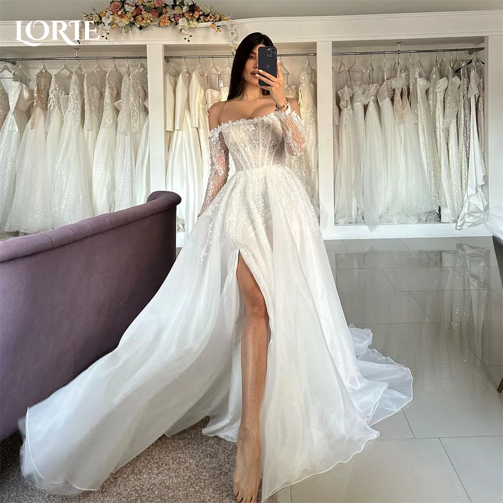 

LORIE Vintage Glitter Lace Wedding Dresses Off Shoulder A-Line Appliques Side Slit Bridal Gowns Long Sleeves Backless Bride Gown