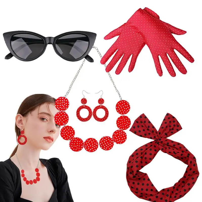 

50s Costume Accessories For Women Polka Dot Necklace Gloves Headband Cat Eye Glasses 5pcs Disco Outfit Fancy Dress Party Outfits