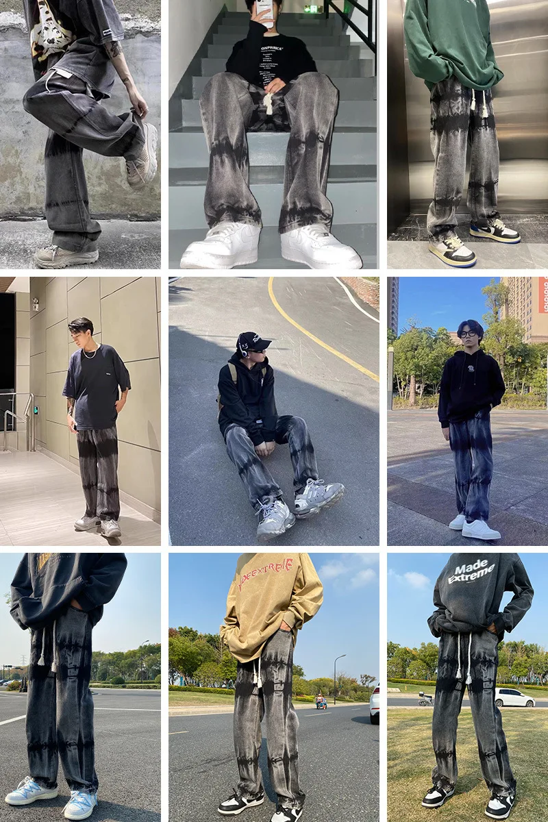 EH·MD Four Season Tattered Jeans Men Sprinkle Ink  Reflective High Street Fashion Zipper Slim Scraped Elastic Red Ear Light Blue