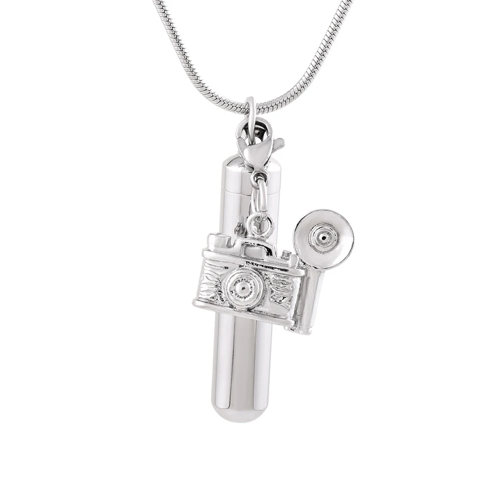 

Tube/Cylinder Cremation Urn Necklace for Ashes with Camera Charm Ashes Keepsake Memorial Jewelry