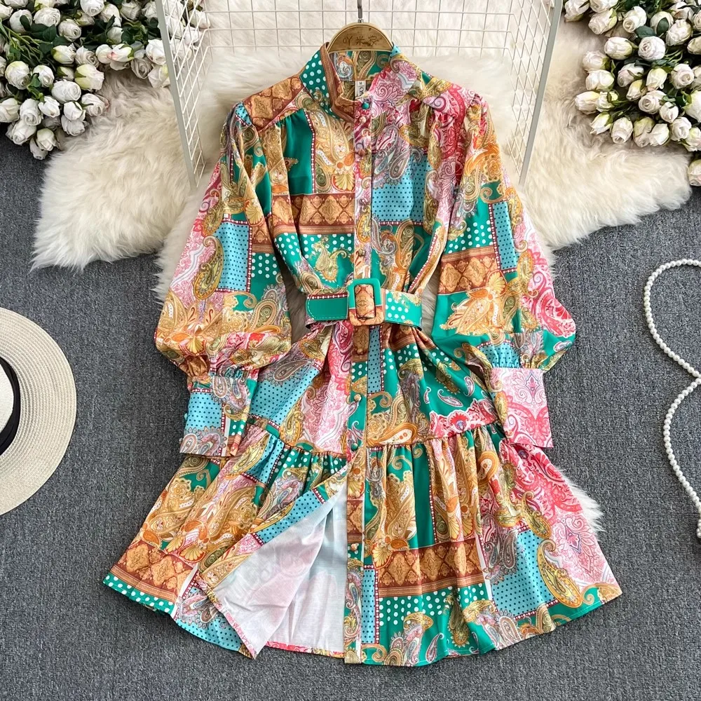 

Spring Autumn Women V-Neck Short Dress 2023 Runway Fashion Floral Print Long Lantern Sleeve Single Breasted Mini Vestidos