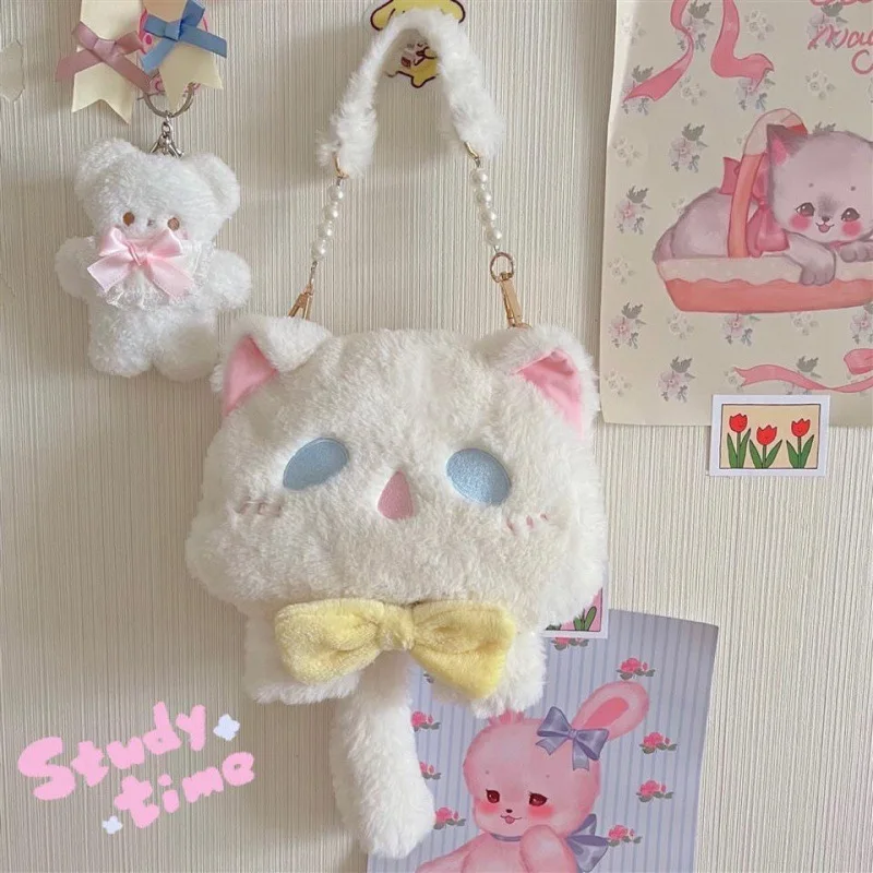 Girl Cute cat plush toy pearl shoulder bag women ins fur cartoon doll handbag messenger phone bag birthday gift 