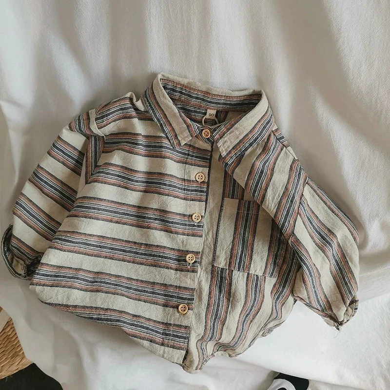 

Children's Retro Striped Irregular Cotton Linen Shirt Autumn New Korean Literary Baby Boys Buttons Long-Sleeved Shirts