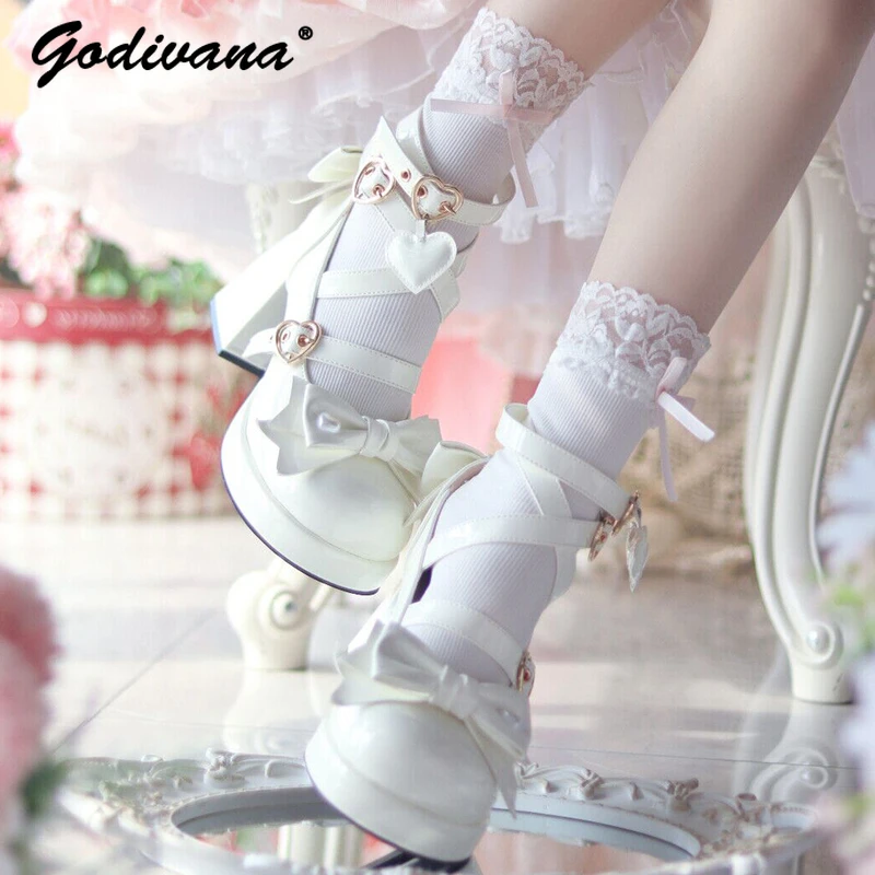 

2024 New Spring and Summer Girl Women's Round Toe Lolita High Heels Japanese Sweet Mary Jane Shoes Bowknot Fashion Pump Shoes