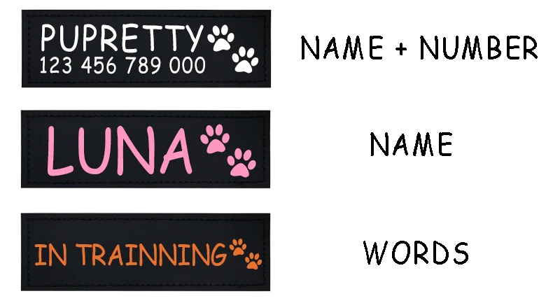 2 Stück personalisierte Namensschilder für Hunde, 6 Farben, Haustiergeschirr, individuelle Etiketten, entfernte Aufkleber, Ausweis, Hundebrustgurt, Weste, Halsband – Detail 1