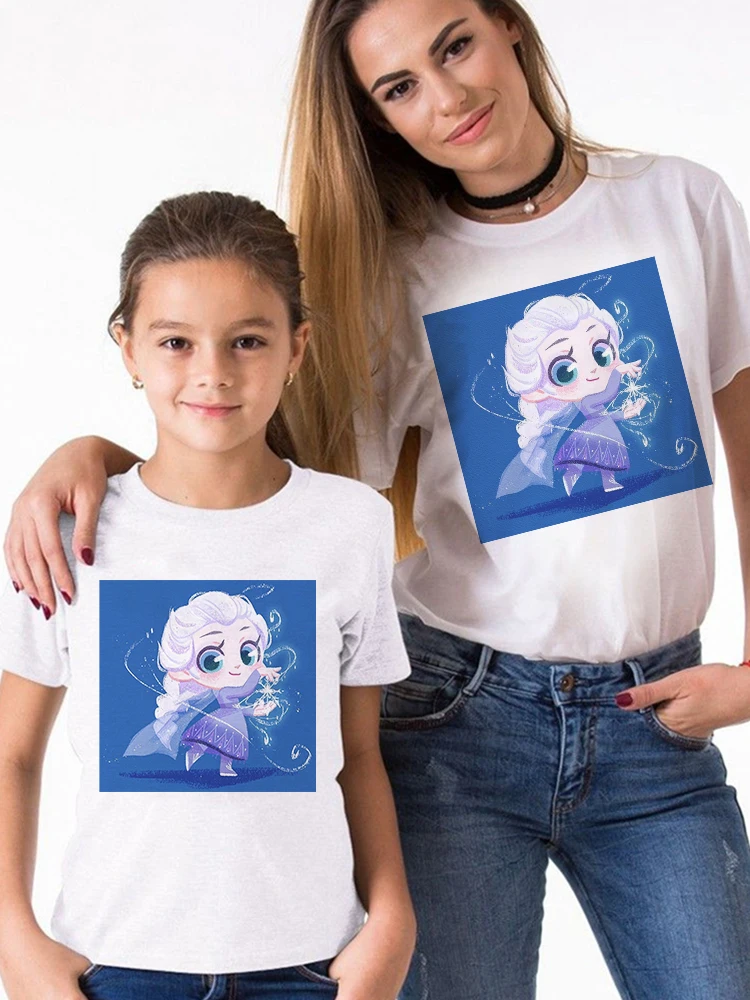 

T Shirts Summer Creativity Harajuku Disney Lovely Princess T-Shirts Children Family Women Aesthetic Cartoon Disney Brand Elsa