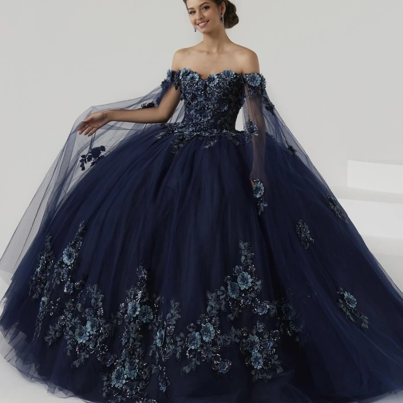 

Navy Blue Ball Gown Quinceanera Dresses Off The Shoulder Appliques Lace Beads With Cape Tull Ribbons Corset Vestidos De 15 Años