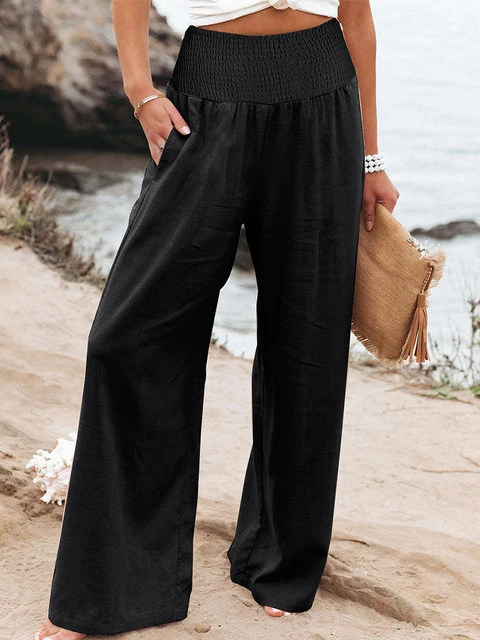 Pantalon taille haute en coton et lin pour femme, taille haute, jambes larges, élastique, rétro, mode décontractée, printemps été 2
