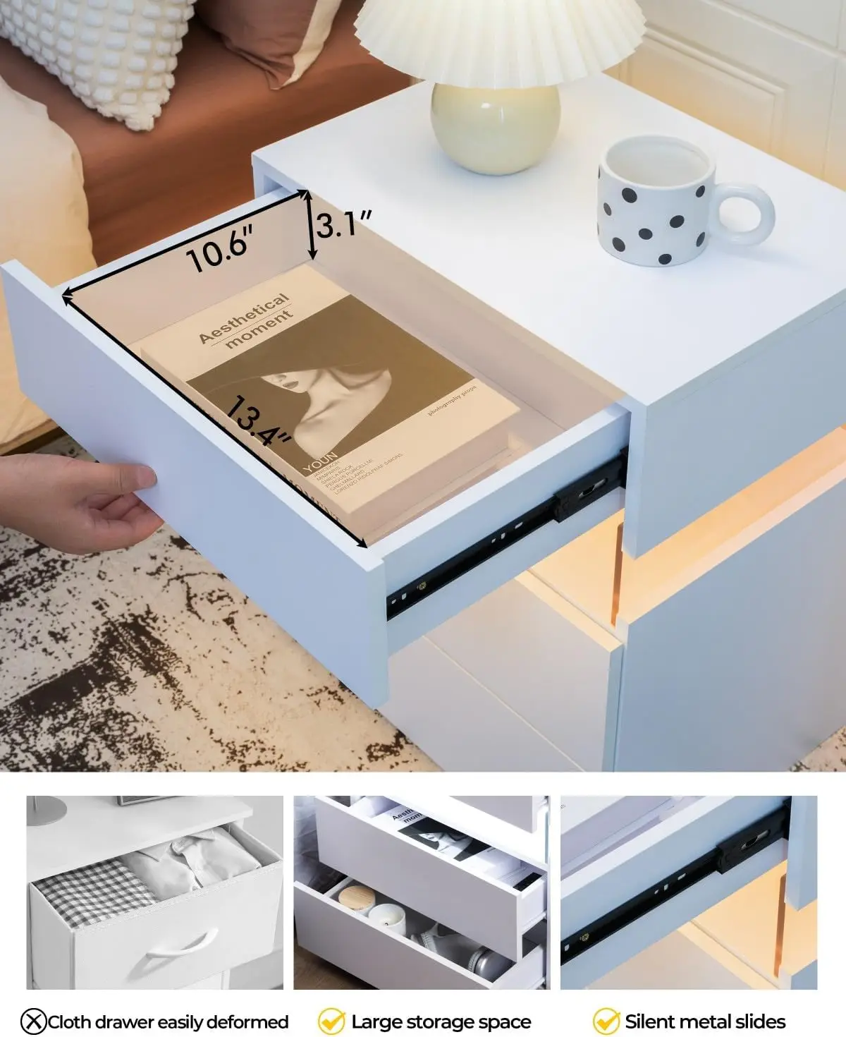 White Nightstands Set of 2 LED Nightstand White with Drawers Set of 2 Bedside Tables LED Lights for Bedroom Living Room