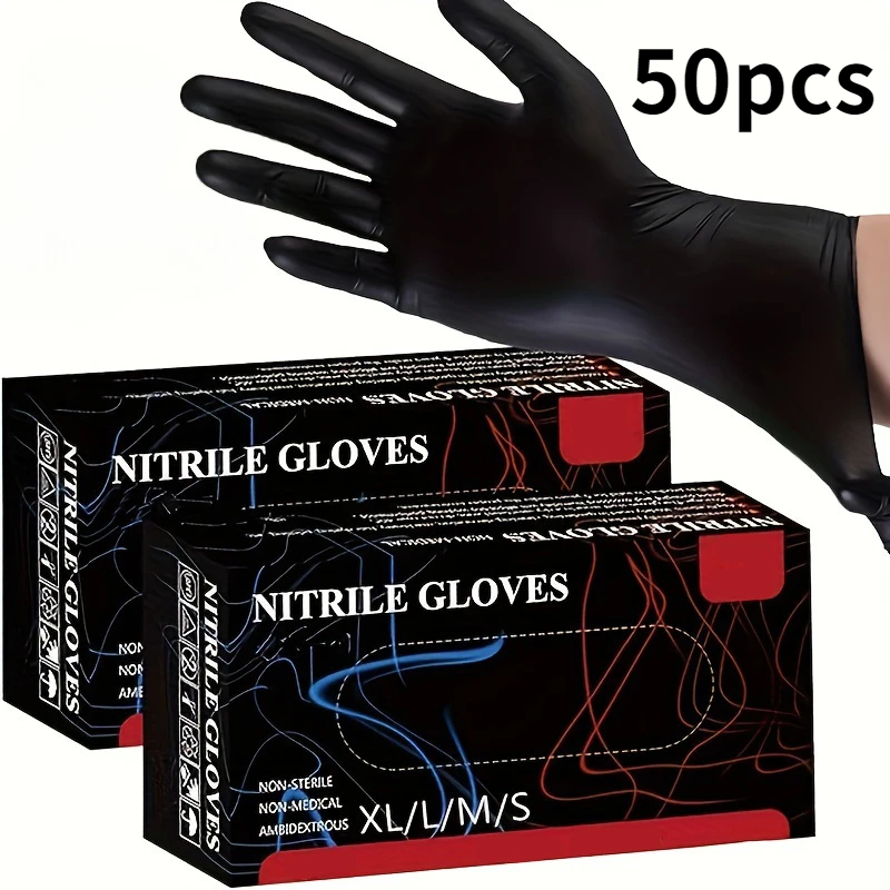 50pcs 블랙 니트릴 장갑 방수 내구성 블랙 청소 니트릴 장갑 애완 동물 샤워 뷰티 헤어 살롱 홈 청소 도구