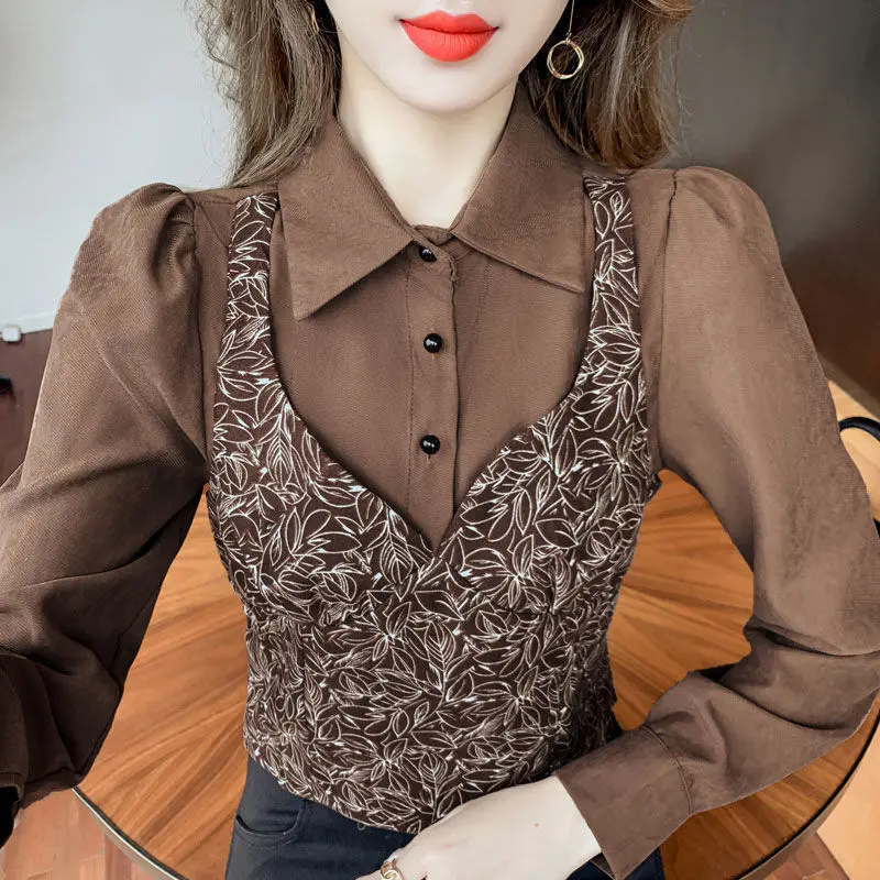 Fake Two Fragmented Printing Shirts Women's Spring and Autumn Clothes Polo-Neck Button Patchwork Zipper Long Sleeve Blouses