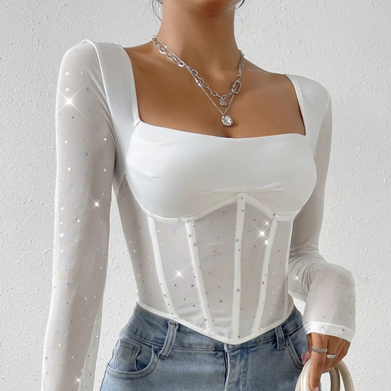 

Sexy women long sleeve tight short blouse low cut summer casual elegant female perspective mesh mesh fishbone white blouse