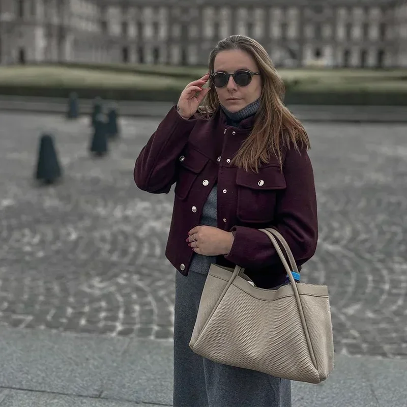 Burgundy Color Woolen Jacket For Women Stand Collar Single Breasted Pocket Thick Short Coat Autumn Lady Commute Outwear New