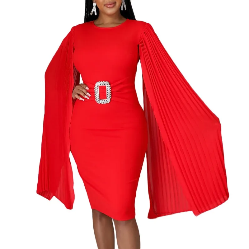 Women Solid Slim Party Dress O Neck Pleated Cape Cloak Midi Length Bodycon Celebrate Occasion Wedding Guest Vestidos Large Size large transparent pvc guest id card set attendance lanyard representative id card chest card set work id card set